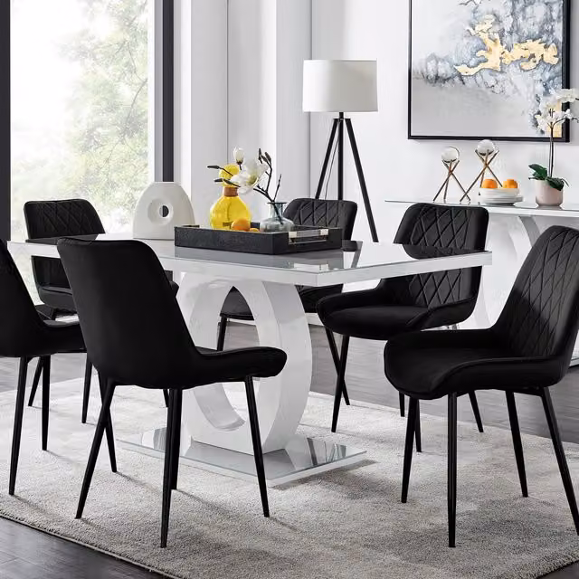 FurnitureboxUK Giovani 6-Seater Grey Glass Dining Table and 6 Black Pesaro Soft Velvet Dining Chairs