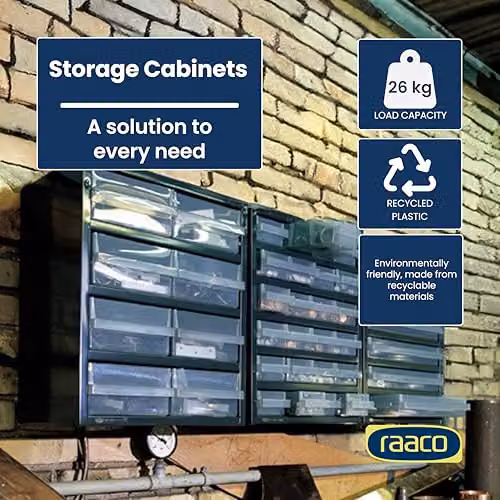 Raaco C9-28 Drawer Cabinet with 28 Blue and Transparent Plastic Drawers, Wall Mountable, W/D/H: 30.6 x 41.7 x 41.7 cm – 2