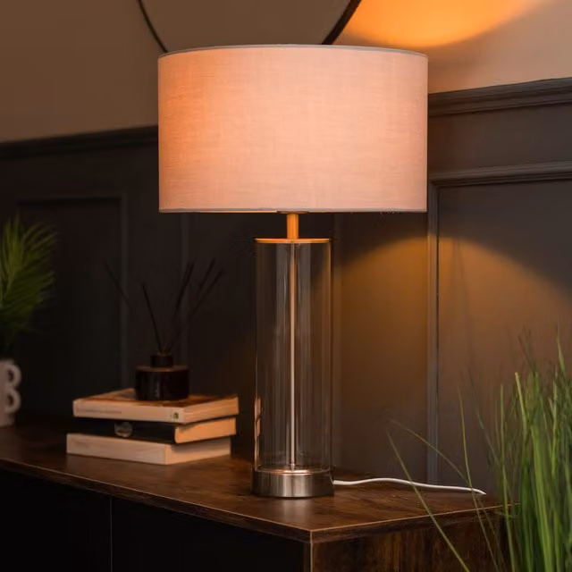 MiniSun Contemporary Brushed Chrome and Clear Tube Table Lamp with Dark Grey Fabric Cylinder Shade