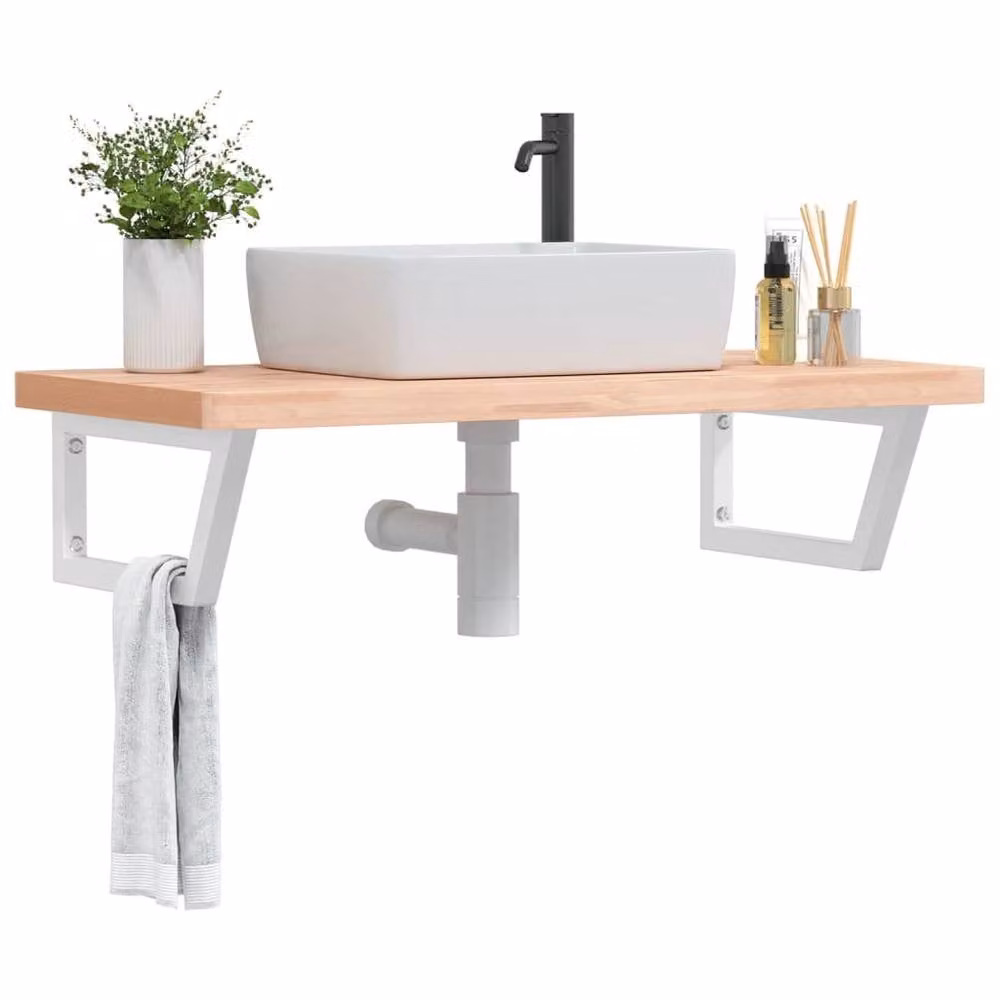 Berkfield Home Elegant Wall Mounted Basin Shelf in Brown Steel and Solid Beech Wood