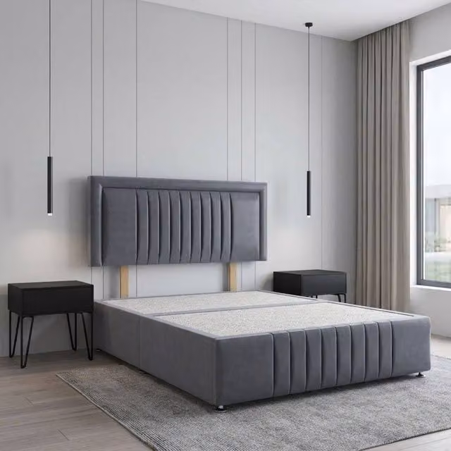 Regional Furnishings Plush Velvet Upholstered Divan Bed Base with 24 inch Headboard and Footboard in Grey, W/D/H: 200 x 200 cm