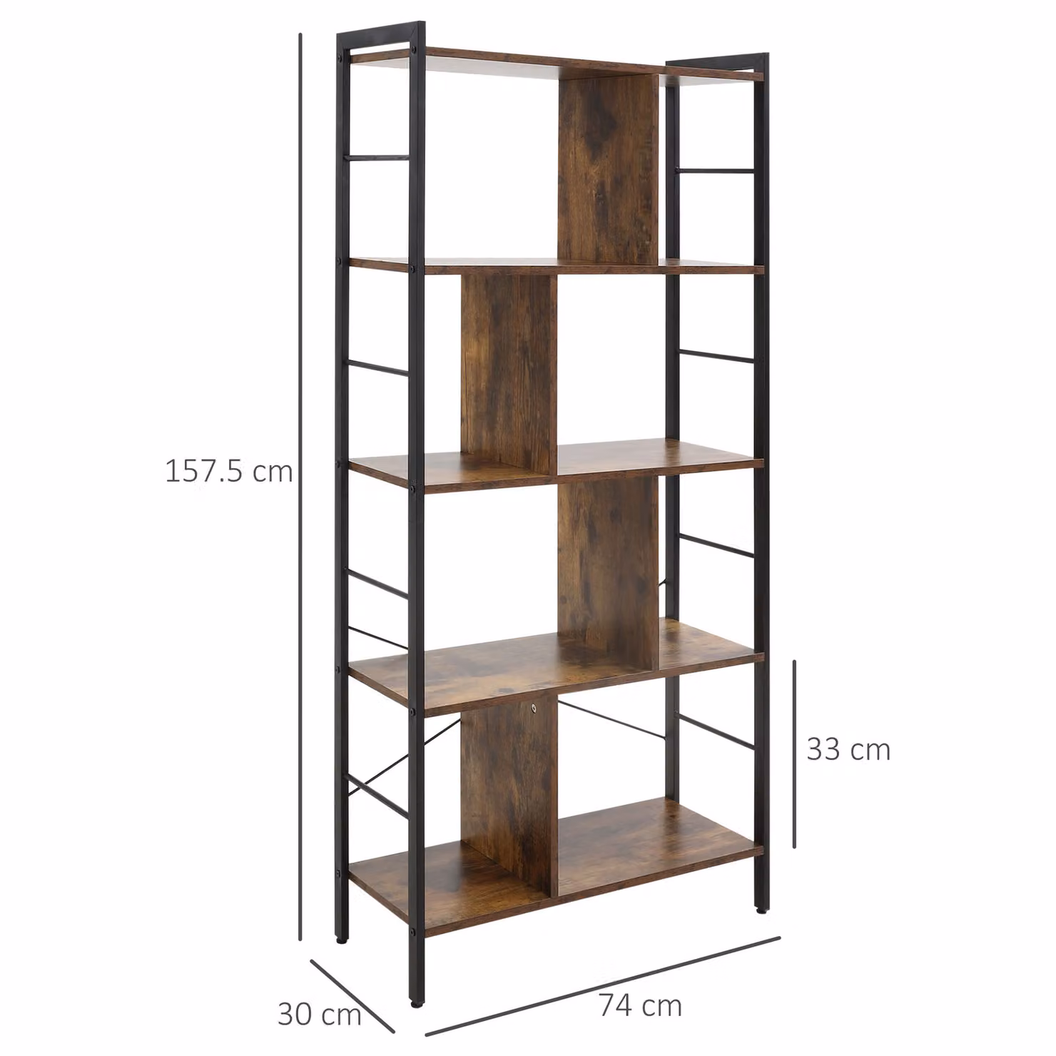 HOMCOM Industrial 5-Tier Storage Shelf and Bookcase with Metal Frame in Rustic Brown and Black – 3