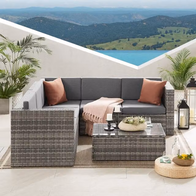 Madefor.living Grey Rattan and Metal 6 Seat Corner Sofa Garden Patio Set