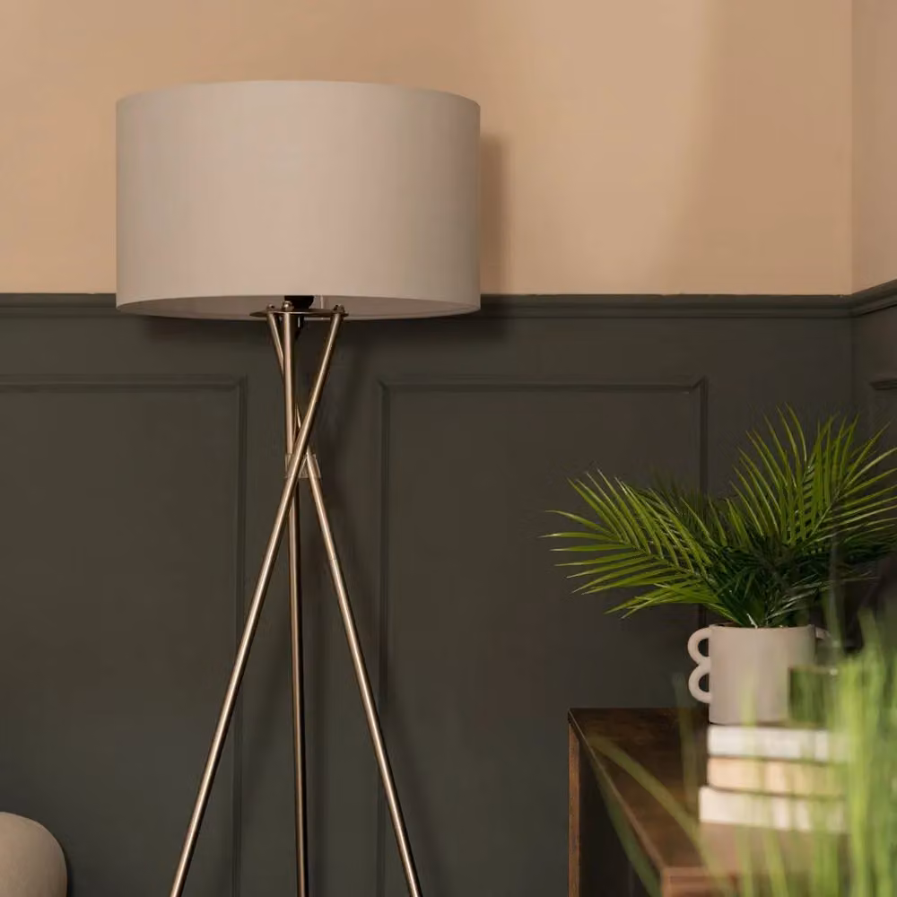 ValueLights Camden Polished Chrome Tripod Floor Lamp with Grey Fabric Drum Shade and Bulb – 2