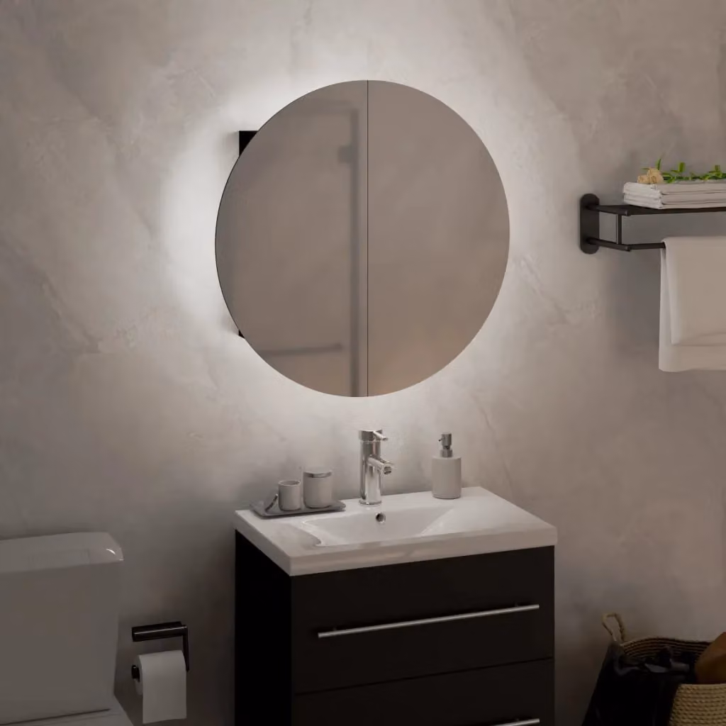 Berkfield Home Black Wall Mounted Bathroom Cabinet with LED Integrated Round Mirror, W/D/H: 40 x 40 x 17.5 cm – 2
