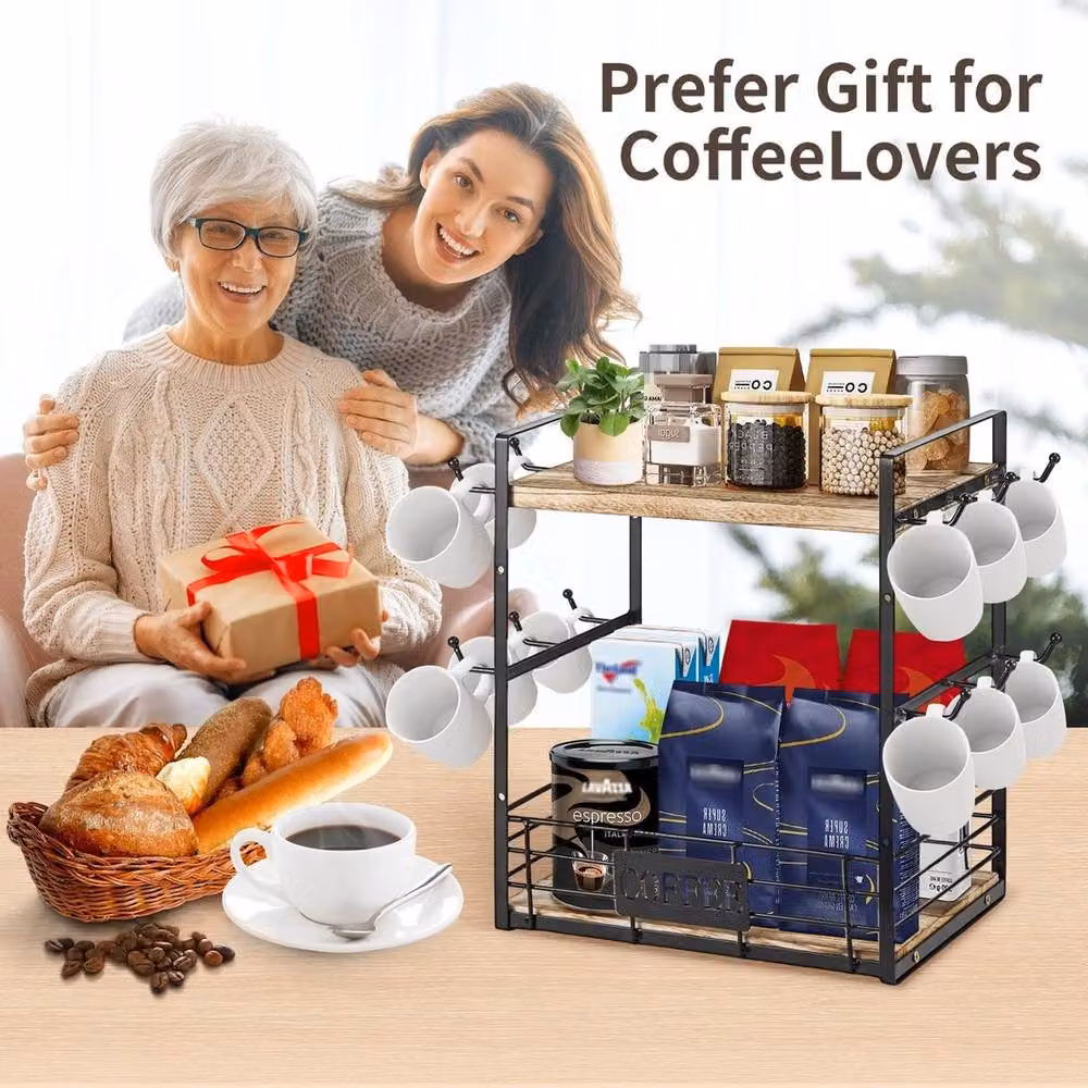 Havendro 2-Tier Metal Freestanding Organiser with Shelf and 12 Mug Hooks, Black – 3