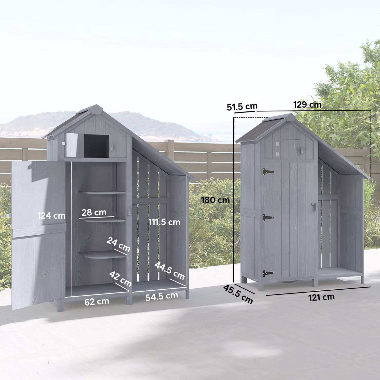 Outsunny Garden Outdoor Storage Shed with 3 Shelves and Firewood Rack, Grey/Black, W: 129 cm, D: 51.5 cm, H: 180 cm – 3