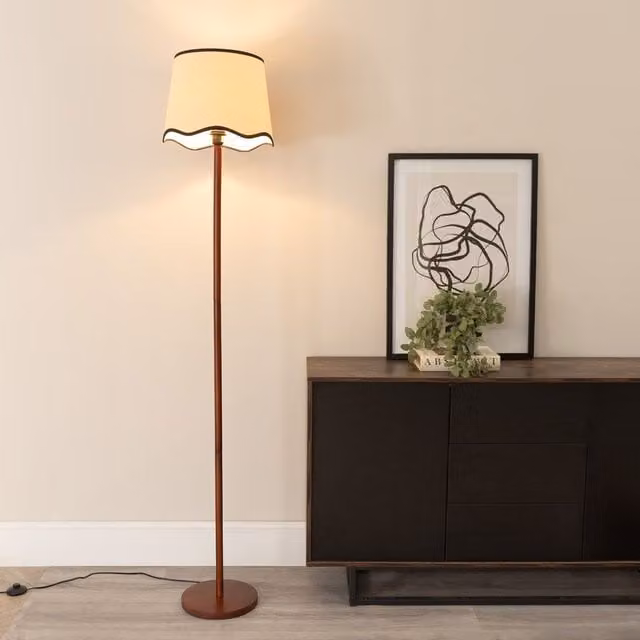 ValueLights Heather Dark Wood Single Stem Floor Lamp with Black Scallop Edge Tapered Shade – 2