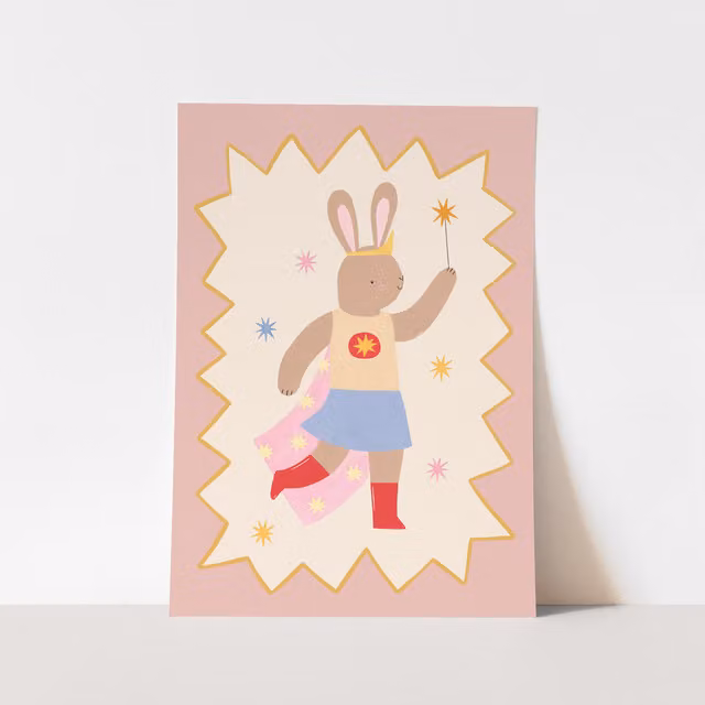 Kid of the Village Star Bunny Superhero Fine Art Paper Poster, Pink and Multicolour, W: 21 cm, H: 29.7 cm – 1