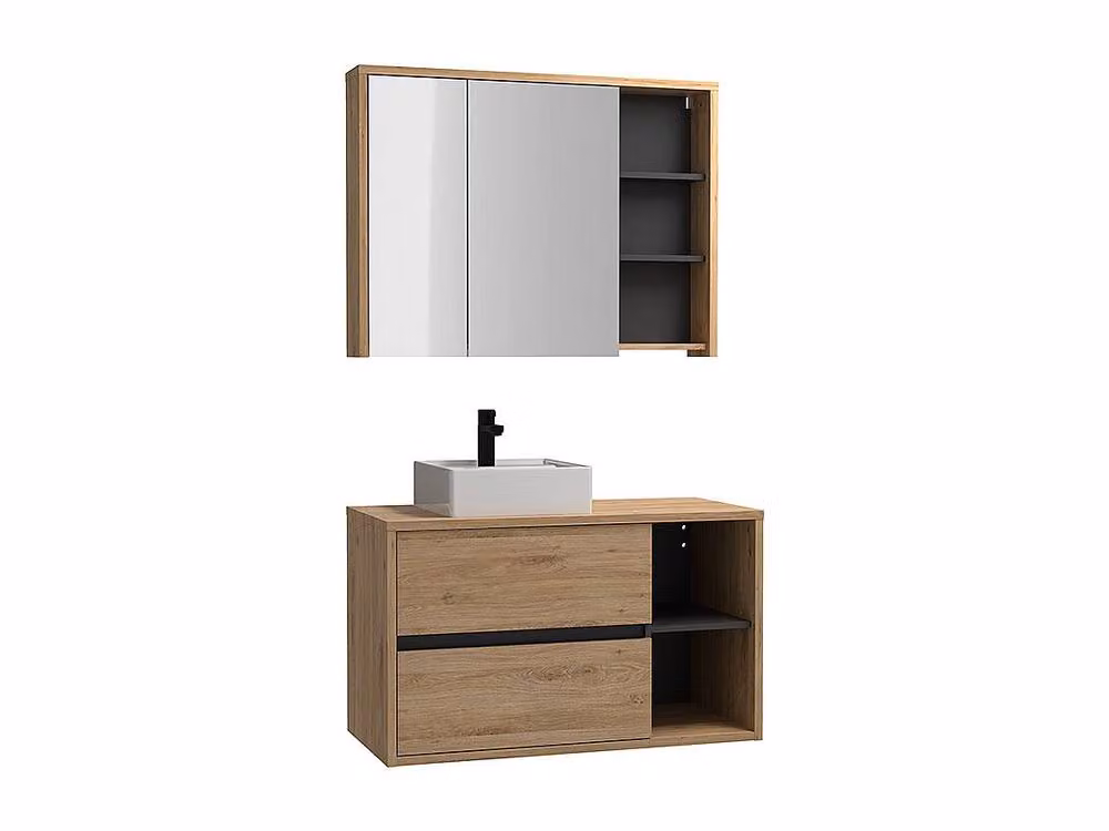 Vente-unique Modern Wall-Mounted Bathroom Unit with Single Basin, Mirror Cabinet and Wall Cabinet in Light Oak – 2