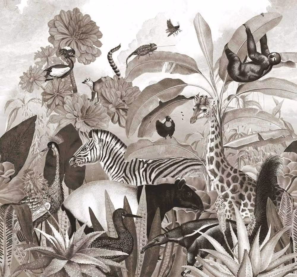 Superfresco Easy Jungle Animals Black and White Print Wall Mural W: 3 m, H: 2.8 m – 2