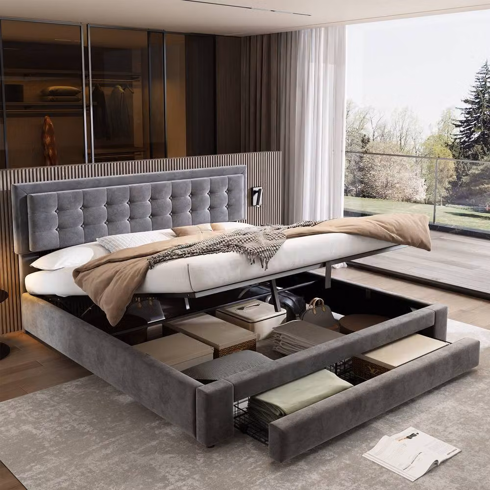 BTM Grey Velvet Upholstered King Size Bed with Lift Up Storage and Headboard W/D/H: 150 x 200 x 156 cm – 2