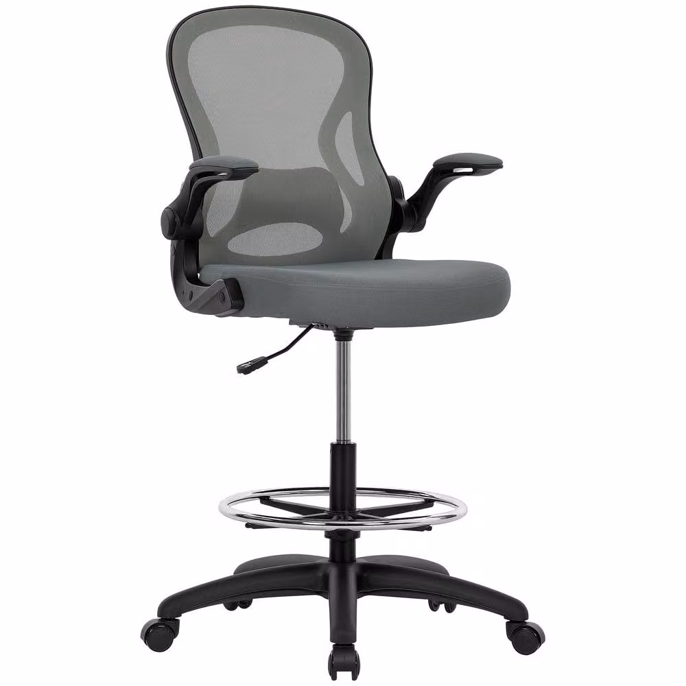 STILVORA Grey Fabric Draughtsman Chair with Flip-up Armrests and Foot Ring – 4