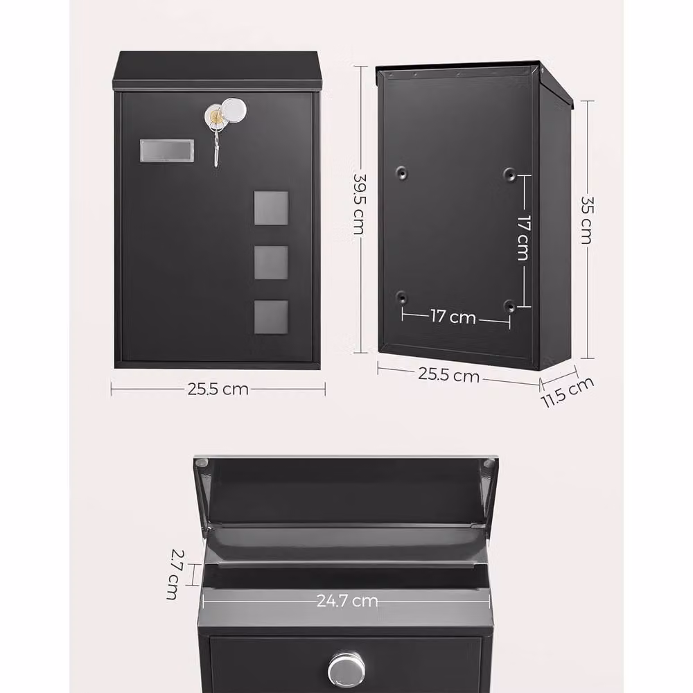 The Bazaarist Wall Mounted Locking Mailbox with Viewing Window, Black, W/D/H: 39.5 x 25.5 x 11.5 cm – 3
