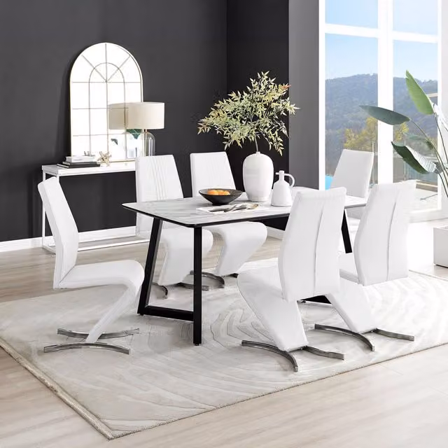 FurnitureboxUK Carson White Marble Effect Dining Table and 6 Willow Chairs in White and Black – 1