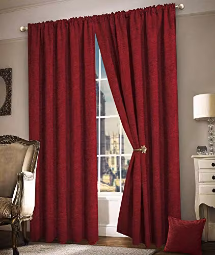 Intimates Burgundy Chenille Heavy Thermal Fully Lined Pleated Curtain Pair, W: 167.64 cm, H: 182.88 cm