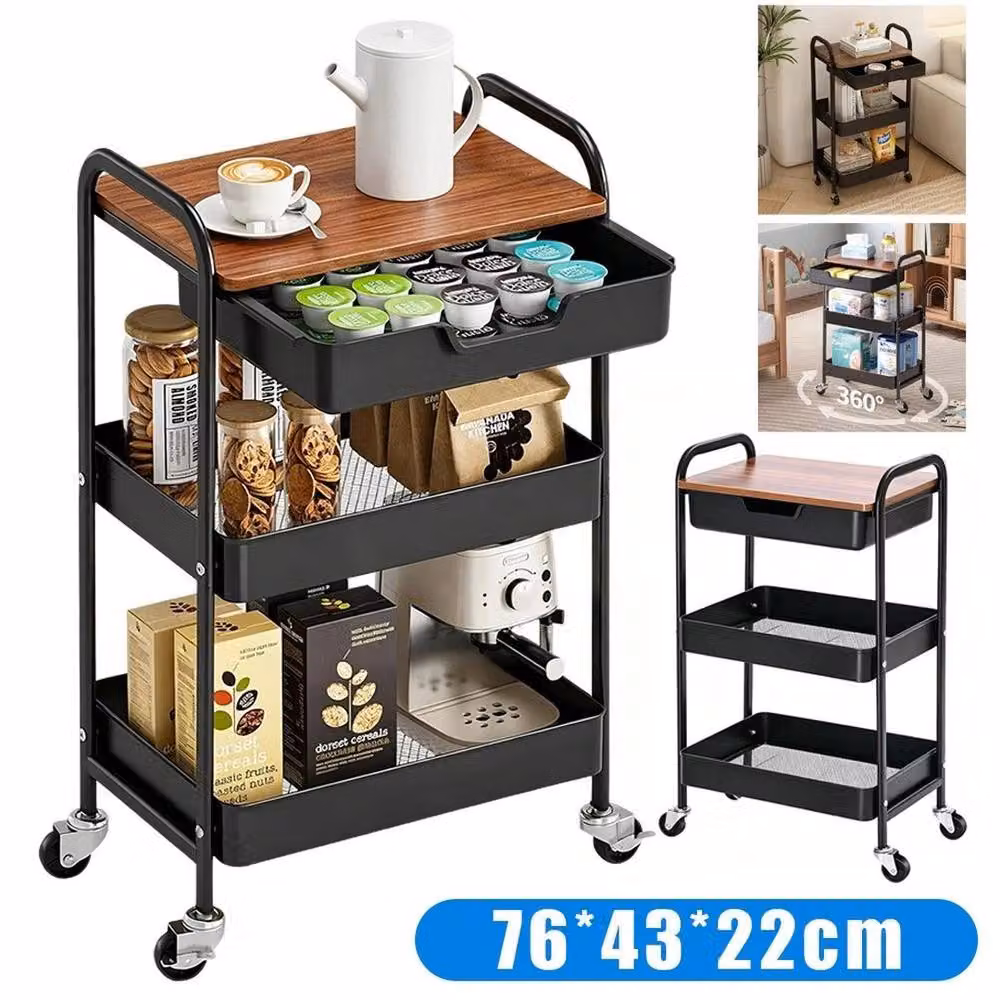 PAWNORA 3 Tier Mobile Kitchen Cart with Wheels in Matt Black Metal – 2