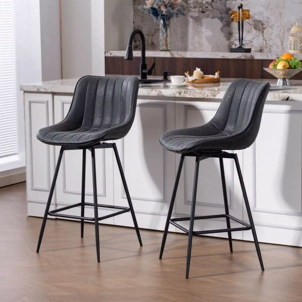 Kelvenix Set of 2 Vintage Black Synthetic Leather Swivel Bar Stools – 5