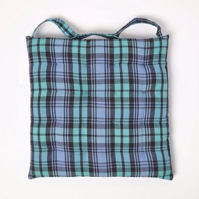 Homescapes Cotton Tartan Seat Pad in Black, Green and Multicolour