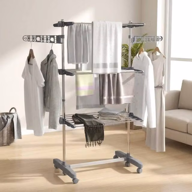 STILVORA Foldable Metal Clothes Horse with Three Shelves and Wheels in Grey – 1