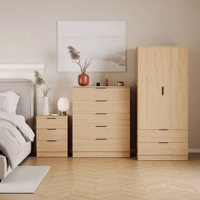 HD Designs Trega 3 Piece Brown Bedroom Set Including Wardrobe, 5 Drawer Chest and 3 Bedside Tables