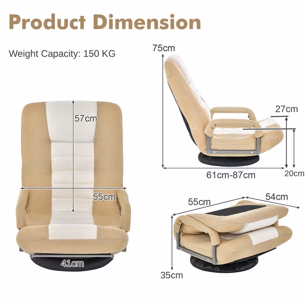 Costway Folding Floor Gaming Chair with 6-Position Adjustable Backrest in Beige Multicolour Fabric – 2