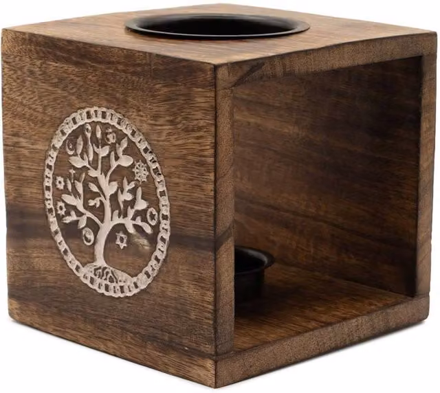 KDMD Large Tree of Life Mango Wood and Metal Oil Burner with Tealight Holder in Brown and Black