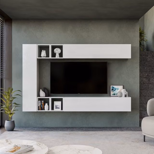 Decorotika Vienna Wall Mounted Modern High Gloss White Entertainment Center