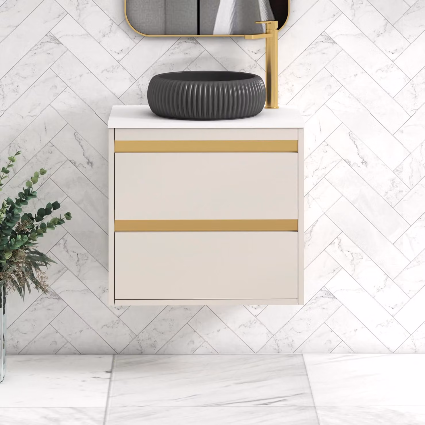 Royal Bathrooms Orion 600mm Warm Taupe Wall Hung Vanity Unit with Milan Black Basin and Brushed Brass Accent Trim