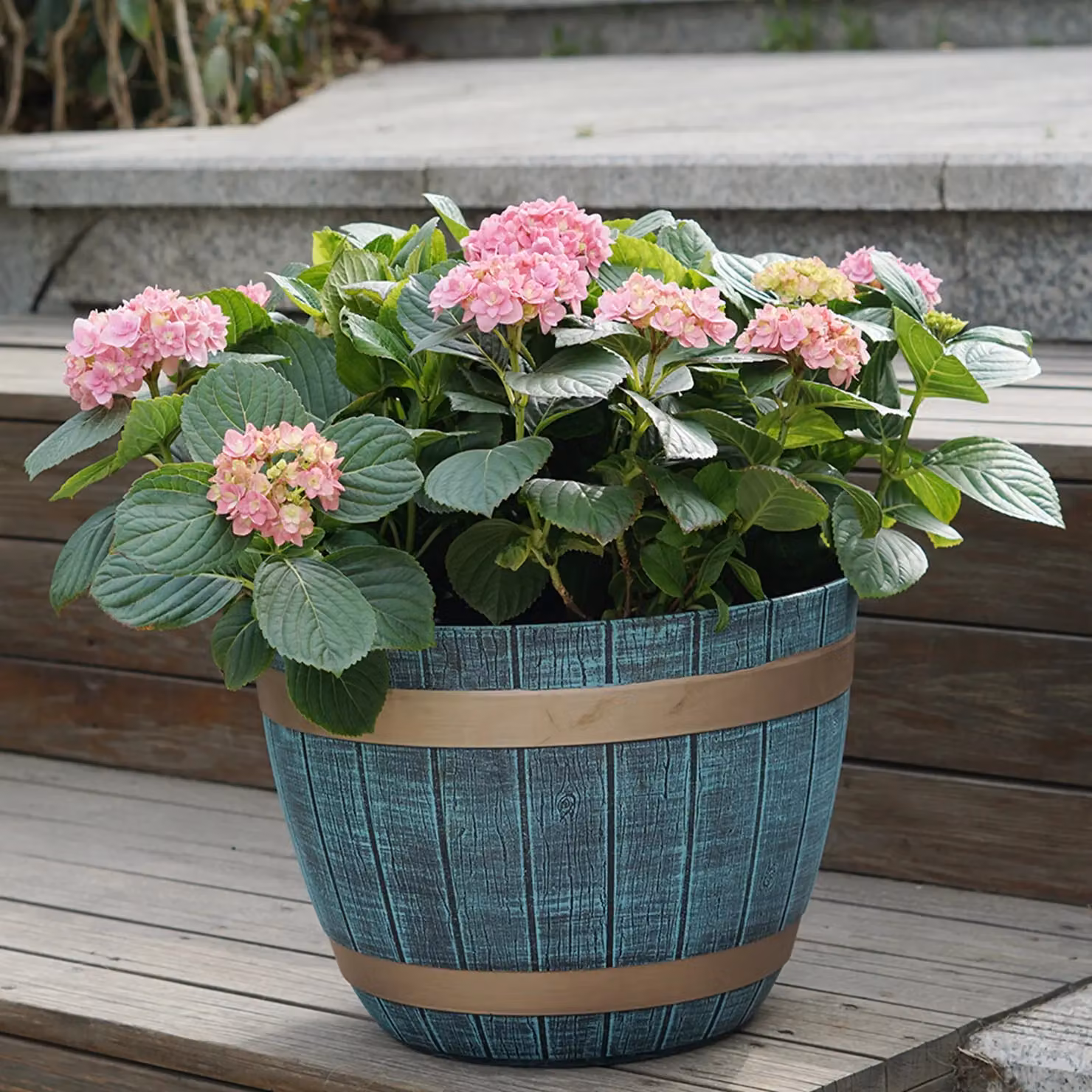 Gr8 Garden Set of 2 Blue Rustic Style Plastic Half Barrel Cask Planter Tubs – 3