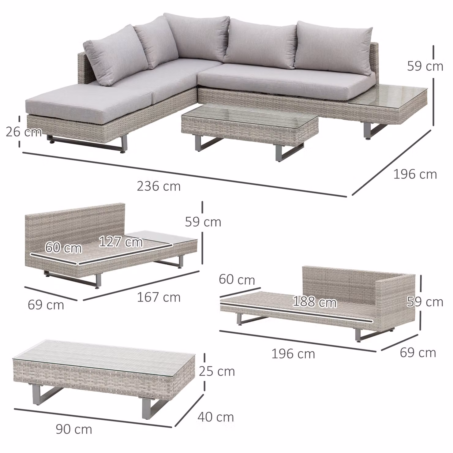 Outsunny 5-Seater Grey Rattan Garden Furniture Set with L-Shape Corner Sofa, Chaise Lounge, Coffee Table, Side Table and Cushions – 3