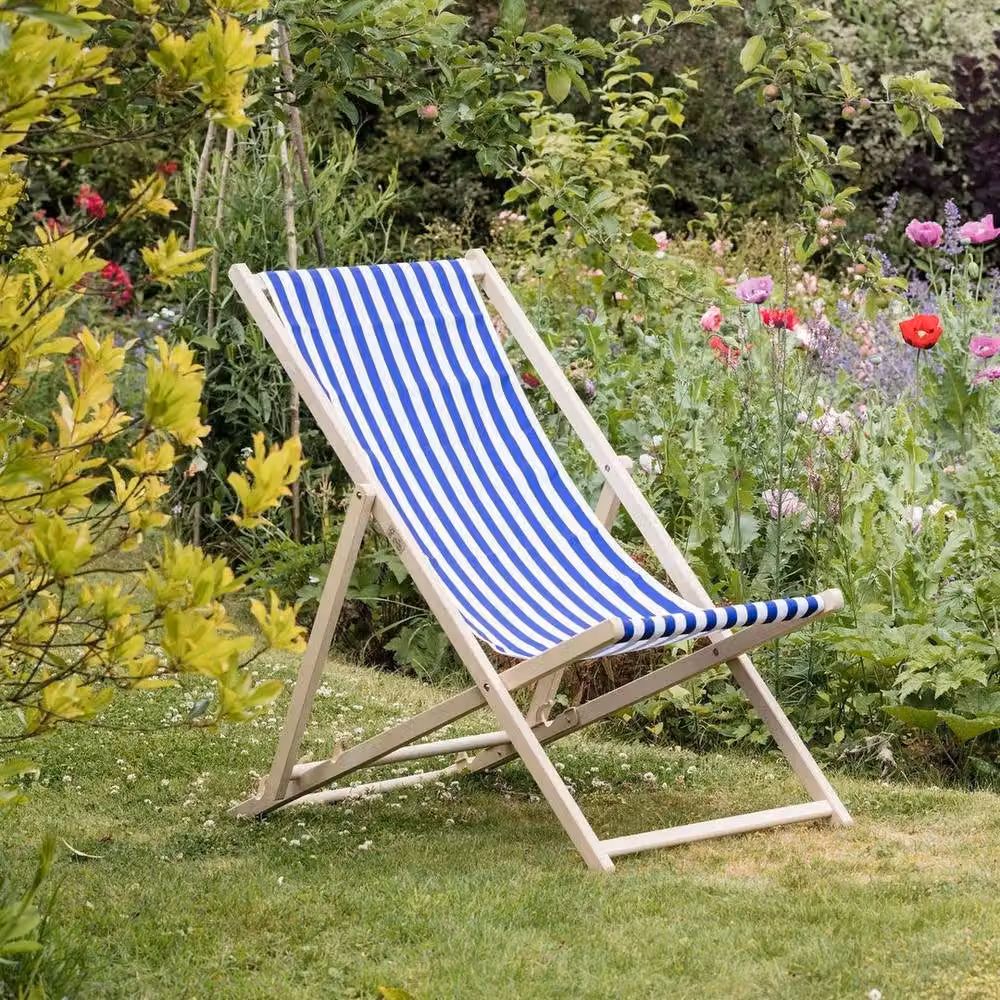 FLAVORA Maritime Folding Wooden Deck Chair in Blue with UV-Resistant Polyester Fabric – 2