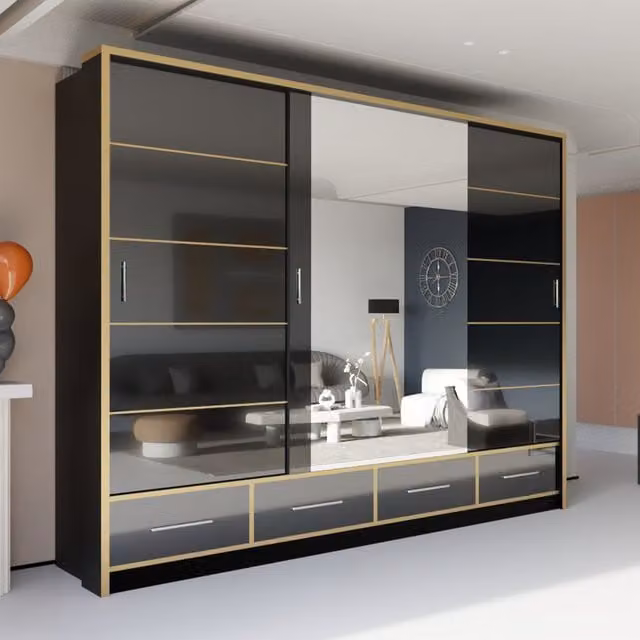 Sliding Wardrobes 4 u Heaven High Gloss Mirror Sliding Door Wardrobe in Black, Width: 253 cm