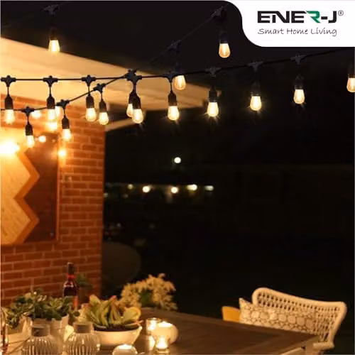 ENERJ 10.2m Outdoor LED Festoon String Lights with 10 x 2W E27 Vintage Filament Bulbs, IP65 Waterproof, Warm White, Black – 6