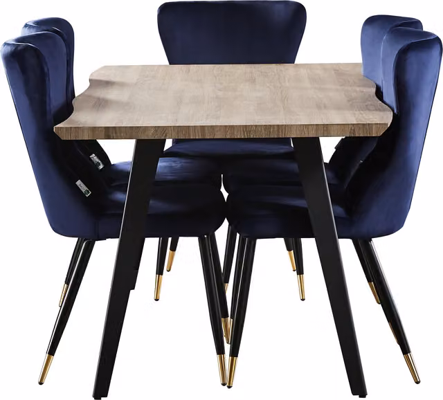 Life Interiors Rocco LUX Modern Rectangular Wood Dining Set with 6 Blue and Black Upholstered Chairs