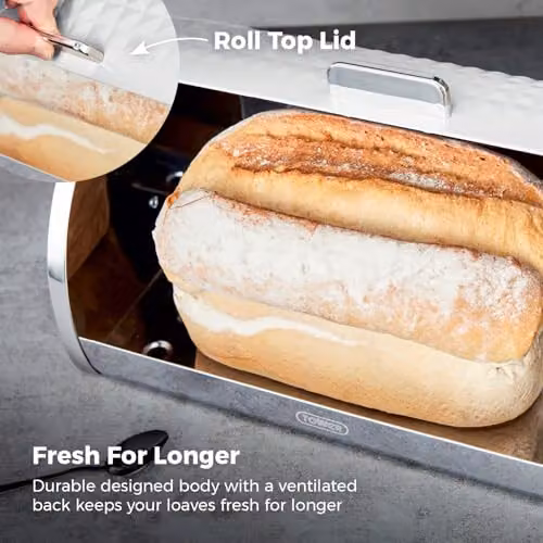 Tower Solitaire Roll Top Bread Bin and Set of 3 Airtight Canisters in White with Stainless Steel Lids – 3