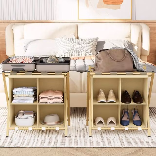 Huhote Metal Luggage Rack with Storage Shelf in Gold, Set of 2