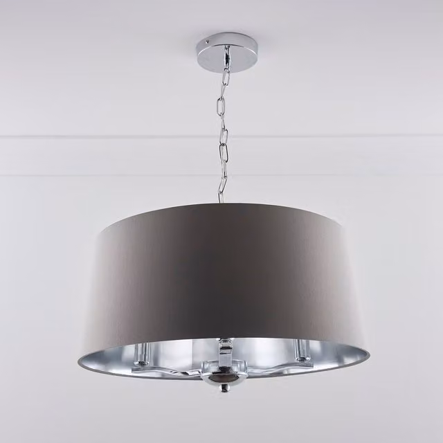 K LIVING Giovanna 3 Light Dimmable Chrome Chandelier with Grey Fabric Shade and Silver Lining
