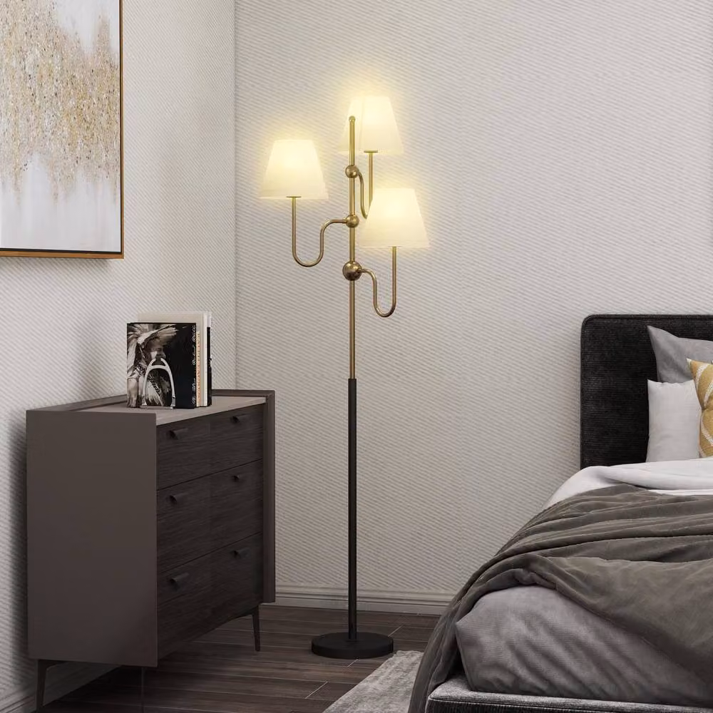 Wyld Haus Tora Metal Floor Lamp with 3 White Fabric Shades, Gold Tone, Height: 165 cm – 3