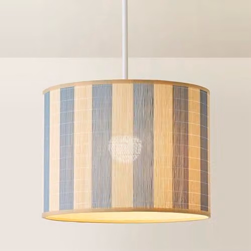 ValueLights Lori Blue Stripe Bamboo Drum Ceiling Lamp Shade, Width: 30 cm