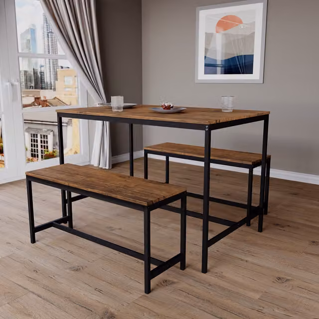 Vida Designs Roslyn 4 Seater Rectangular Dining Table and Bench Set in Brown Wood and Metal