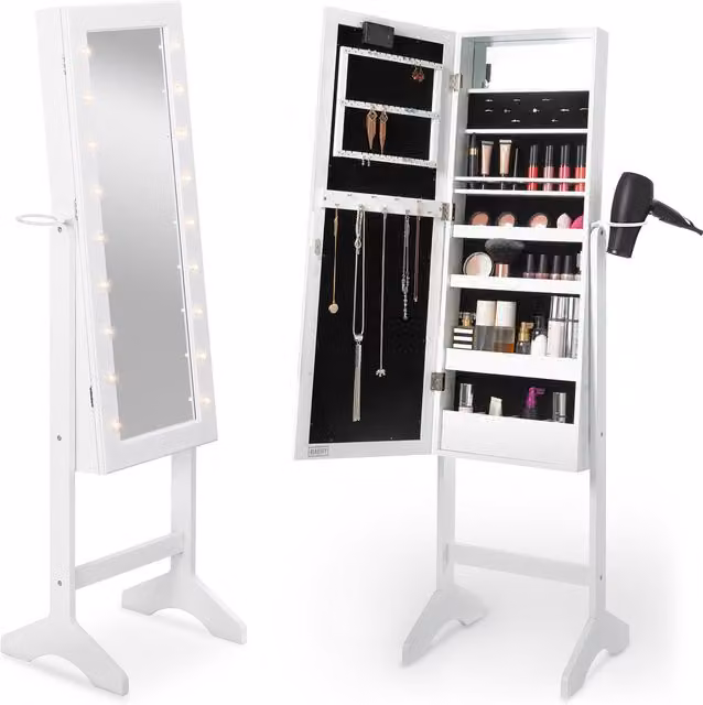 Beautify Free Standing Jewellery Cabinet with LED Mirror and Internal Shelves in White