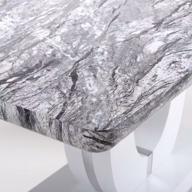 Shankar Round Marble Top Dining Set with Rubberwood Base in Silver, Grey and White