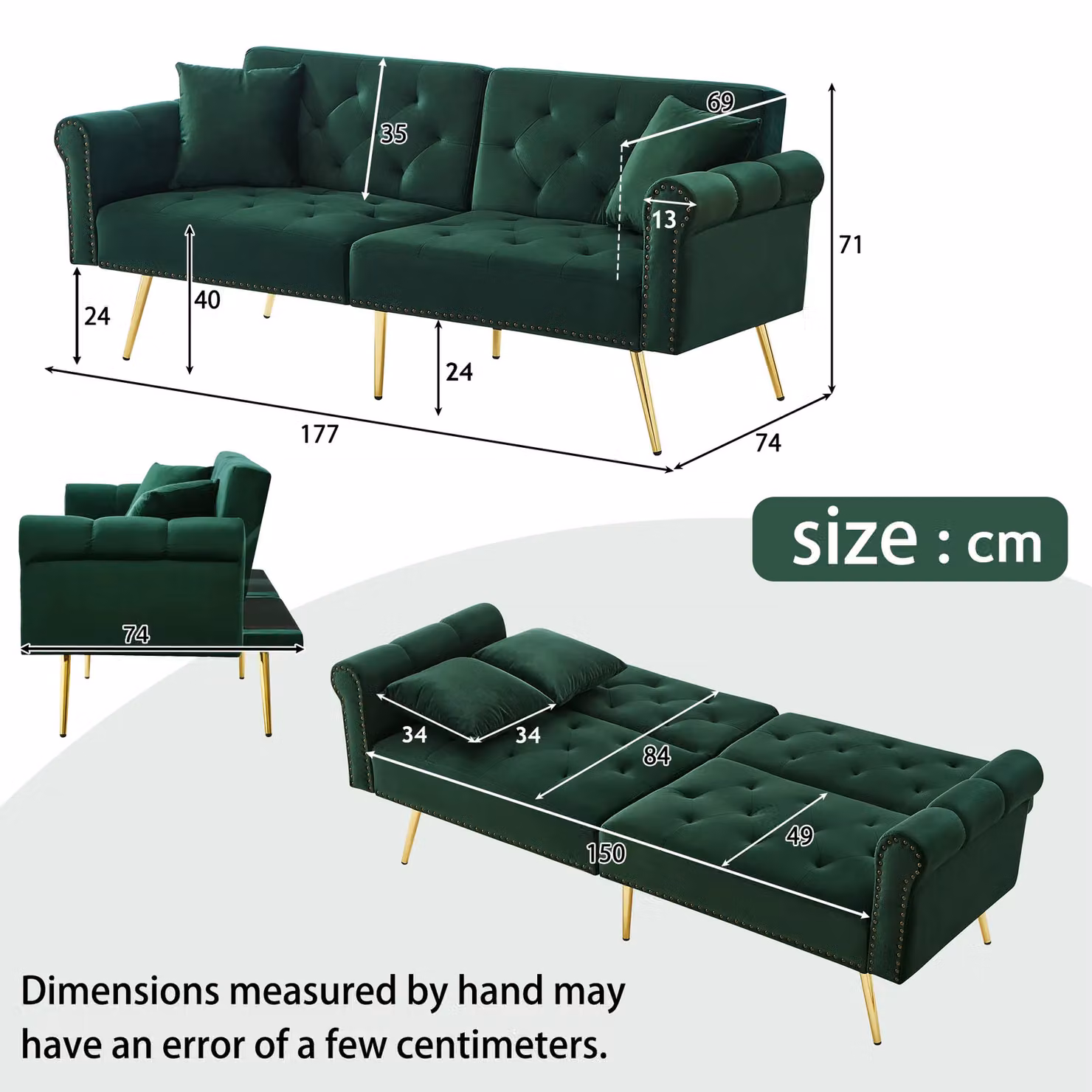 Matteo 2-Seater Velvet Sofa Bed with Click-Clack Mechanism and Gold Metal Legs in Green – 4