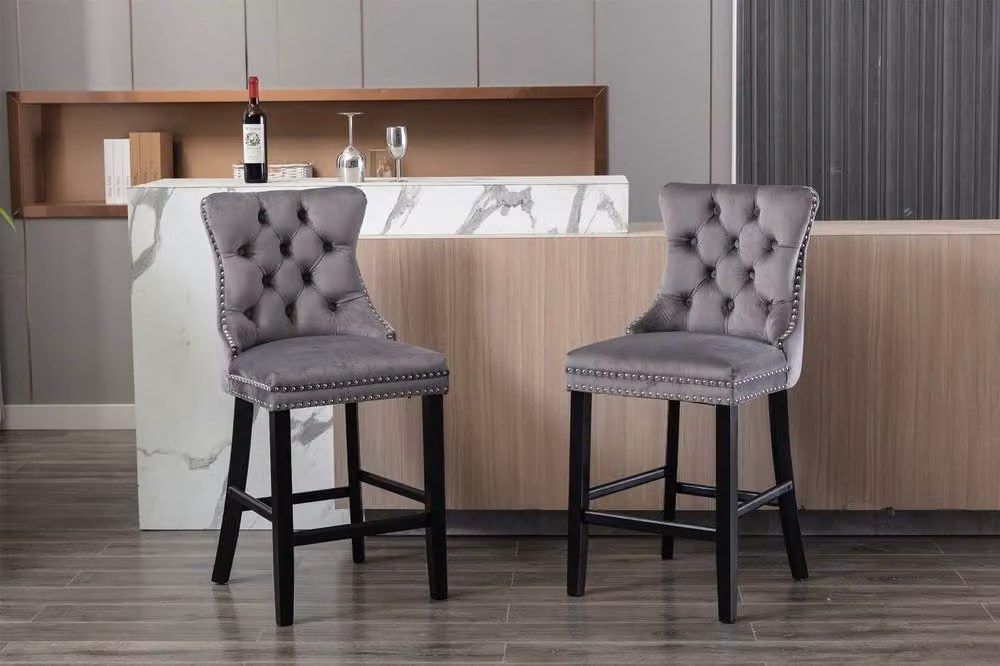 Modern Home Touch Romsey Set of 6 Grey Velvet Kitchen Breakfast Barstools with Oak Wood Legs and Knocker Ring Back – 3