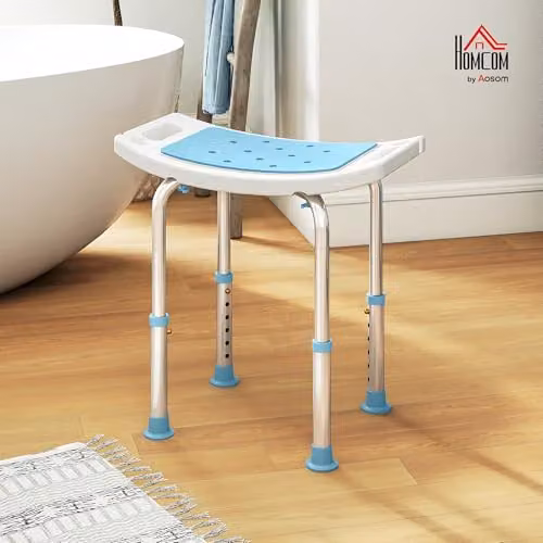 HOMCOM Height-Adjustable Non-Slip Shower Chair with Drainage Seat in Turquoise – 2