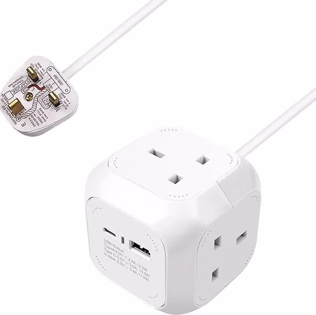 Livingandhome 4 Way Cube Socket with 2 USB Ports, 1.5m Cable, White