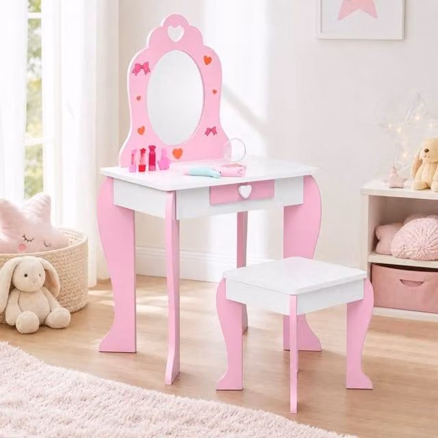 STILVORA Girl's Kids Dressing Table Set with Mirror and Stool in Pink
