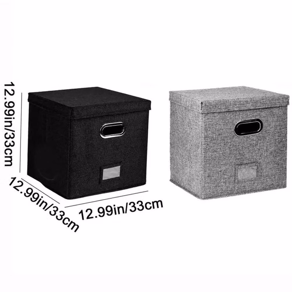 EONLION Black Fabric Vinyl Record Storage Box with Lid and Label Holder, W: 50.0 cm, D: 33.0 cm – 2