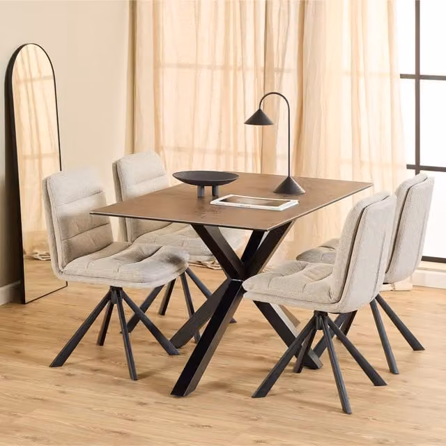 Furniture To Go Heaven Modern Rectangular Ceramic Dining Table in Brown and Black with X-Frame Base, Width: 135 cm